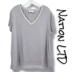 Nation LTD Gray Satin Jersey V Neck Tee Relaxed Drape Top Womens XL Made USA
